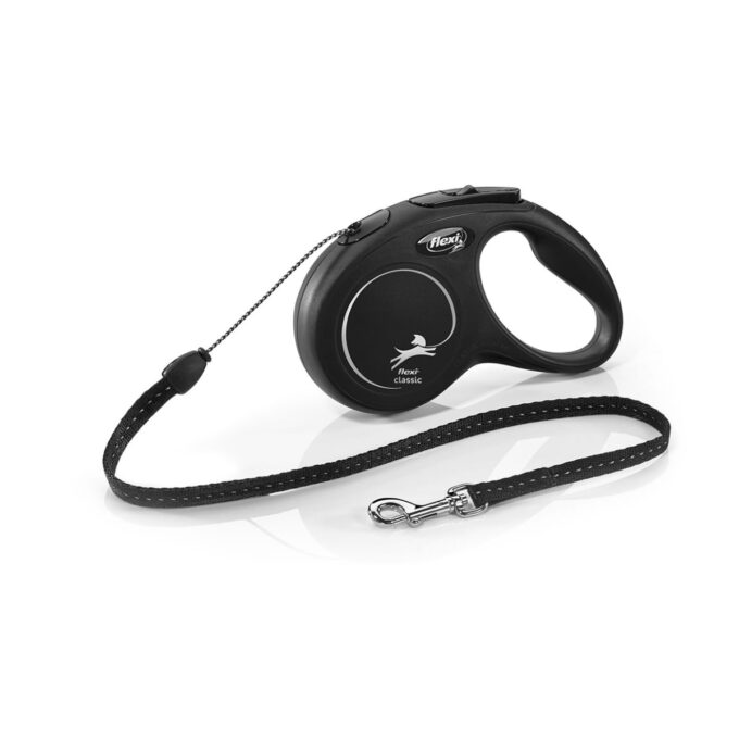 FLEXI Classic, lesă șnur retractabilă câini, reflectorizant, poliester, negru, S(12kg, 5m)