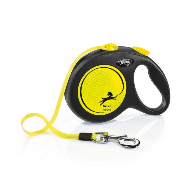 FLEXI Neon, lesă bandă retractabilă câini, reflectorizant, nylon, neon, L(50kg, 5m)