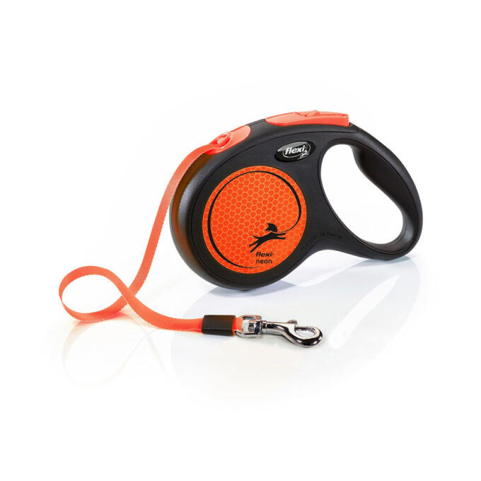 FLEXI Neon, lesă bandă retractabilă câini, reflectorizant, nylon, portocaliu, M(25kg, 5m)