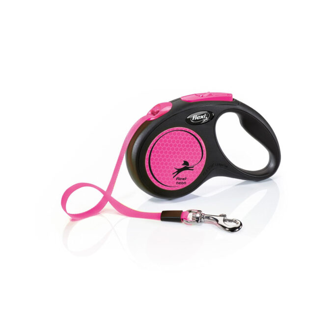 FLEXI Neon, lesă bandă retractabilă câini, reflectorizant, nylon, roz, S(15kg, 5m)