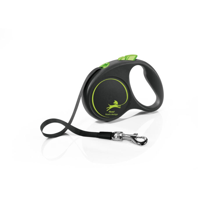 FLEXI Black Design, lesă bandă retractabilă câini, nylon, verde, S(15kg, 5m)