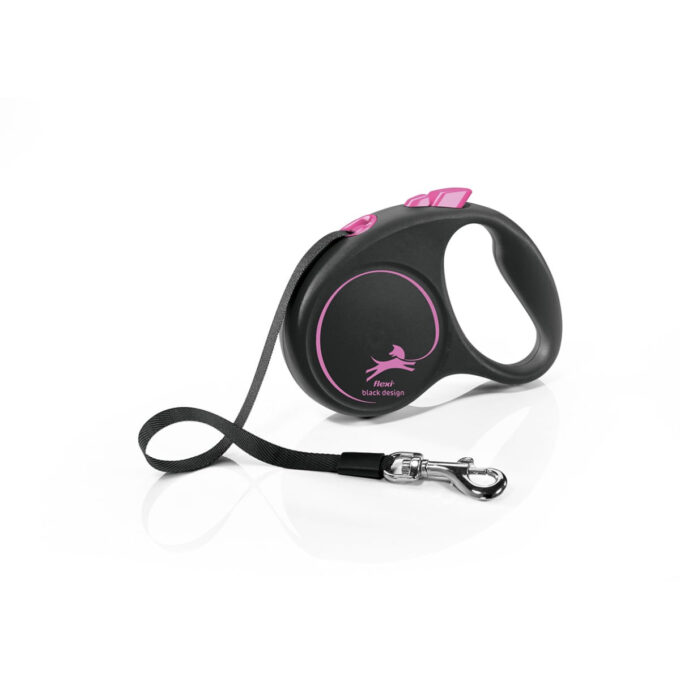 FLEXI Black Design, lesă bandă retractabilă câini, nylon, roz, S(15kg, 5m)