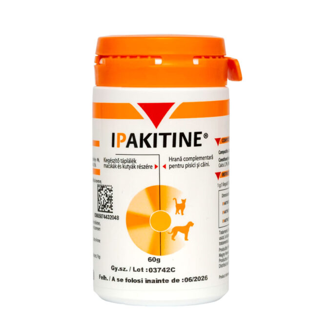 VETOQUINOL Ipakitine, supliment sistem renal câini, pudră VETOQUINOL Ipakitine, XS-XL, supliment sistem renal câini și pisici, flacon, 60g pudră