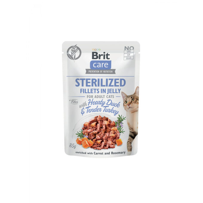 BRIT Care Fillets in Jelly Sterilised, Rață și Curcan, plic hrană umedă fără cereale pisici sterilizate, (în aspic), 85g