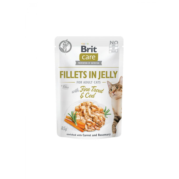 BRIT Care Fillets in Jelly, Păstrăv și Cod, plic hrană umedă fără cereale pisici, (în aspic), 85g