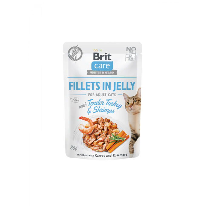 BRIT Care Fillets in Jelly, Curcan și Creveți, plic hrană umedă fără cereale pisici, (în aspic), 85g