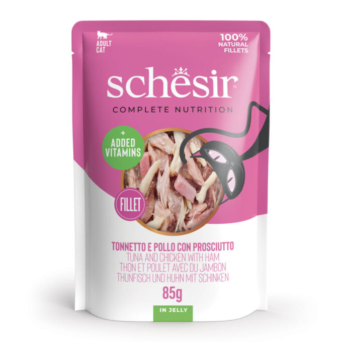 SCHESIR Complete Nutrition Ton, Pui și Șuncă, plic hrană umedă pisici, (în aspic), 85g