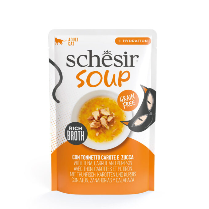 SCHESIR Complementary Soup, Ton și dovleac, plic hrană umedă fără cereale pisici, (în supă), 40g