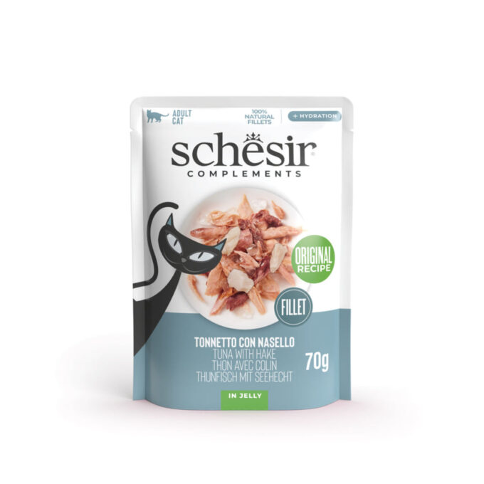SCHESIR Complementary In Jelly, Pui și Merluciu, plic hrană umedă pisici, (în aspic), 70g