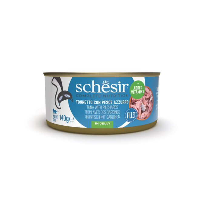 SCHESIR Complete Nutrition, Ton și Sardine, conservă hrană umedă pisici, (în aspic), 140g