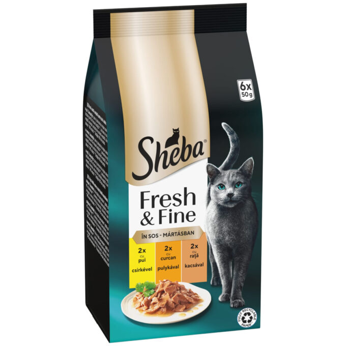 SHEBA Fresh & Fine Selectie Mixta cu Pui, Curcan și Rață, plic hrană umedă pisici, (în sos), multipack, 50g x 6buc
