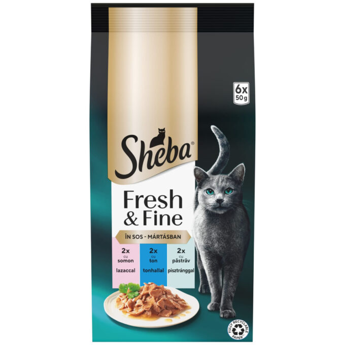 SHEBA SHEBA Fresh & Fine Selectie Mixt cu Somon, Ton și Păstrăv, plic hrană umedă pisici, (în sos), multipack, 50g x 6buc