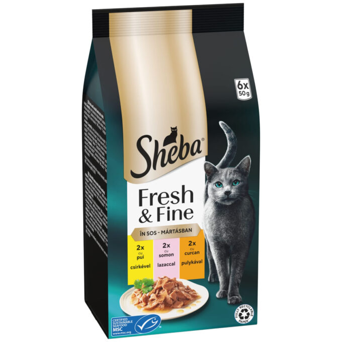 SHEBA Fresh & Fine Selectie mixt cu Pui, Somon și Curcan, plic hrană umedă pisici, (în sos), multipack, 50g x 6buc