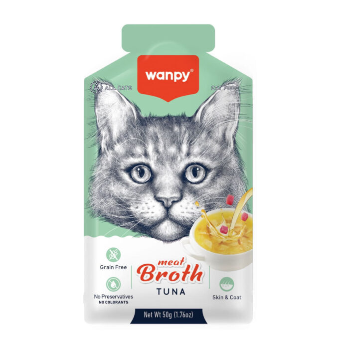 WANPY Meat Broth, Ton și Somon, plic hrană umedă pisici, (topping), 50g