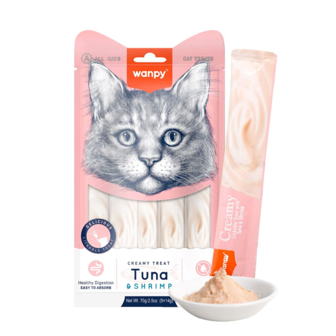 WANPY Creamy Treat, Ton și Creveți, punguță recompense pisici, (piure), 70g