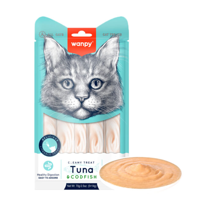 WANPY Creamy Treat, Ton și Cod, punguță recompense pisici, (piure), 350g