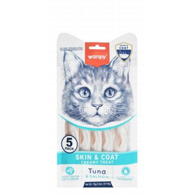 WANPY Skin & Coat Creamy Treats, Ton și Somon, punguță recompense funcționale pisici, piele & blană, (piure), 70g