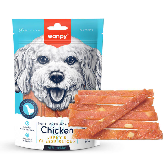 WANPY Jerky & Cheese Slices, XS-M, Pui și Brânză, punguță recompense câini, (piure), 70g