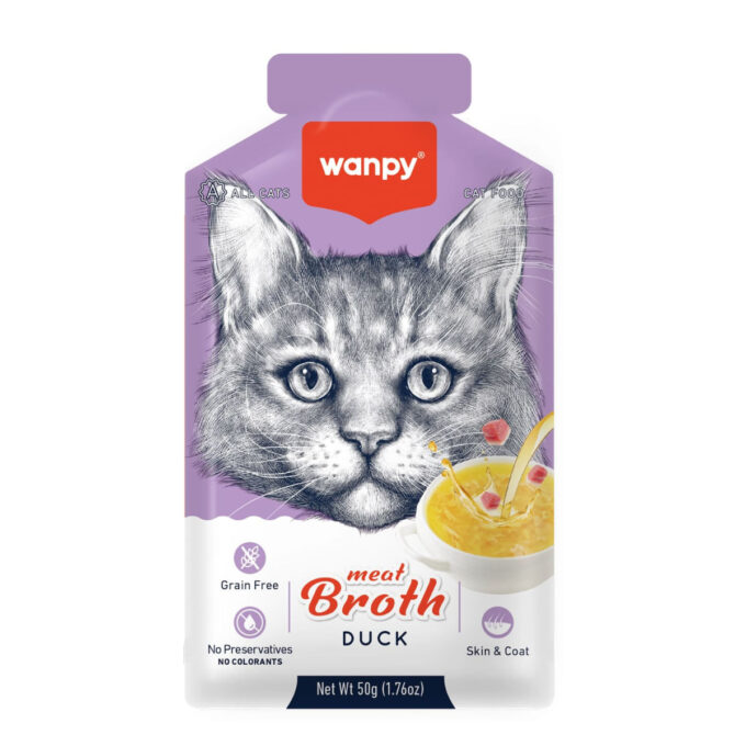 WANPY Meat Broth, Rață și Somon, plic hrană umedă pisici, (topping), 50g