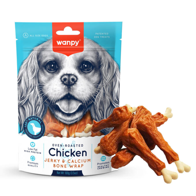 WANPY Jerky and Calcium Bone Wrap, XS-M, Pui, punguță recompense câini, 100g