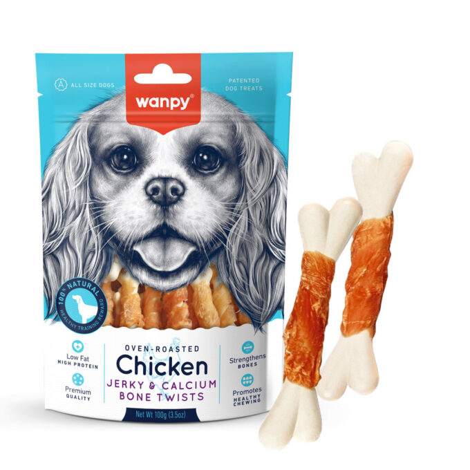 WANPY Jerky and Calcium Bone Twists, XS-M, Pui, punguță recompense câini, 100g