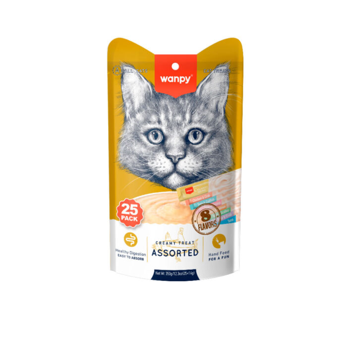WANPY Creamy Treat Assorted 8 Flavors, Ton, Somon și Pui, punguță recompense pisici, (piure), 350g