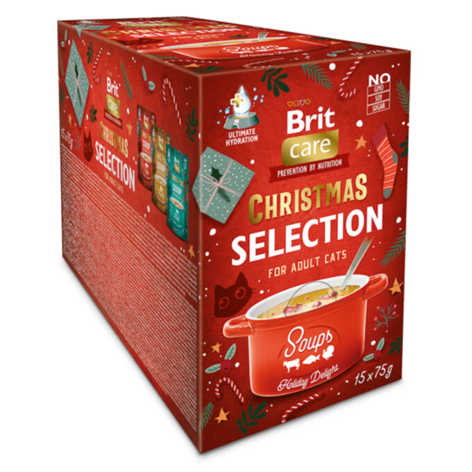 BRIT Christmas Selection Soups Holiday Delight, Pește, Vită și Curcan, plic hrană umedă fără cereale pisici, (topping), multipack, 75g x 15buc