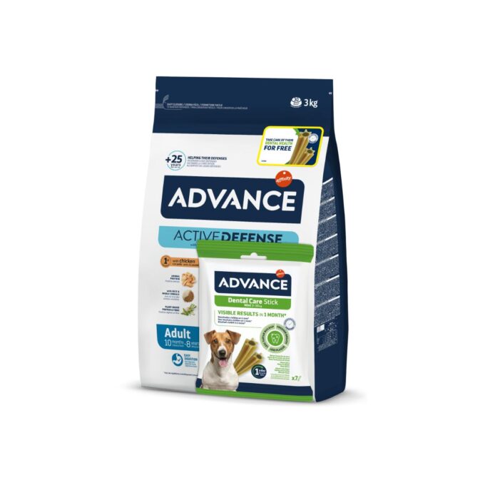 ADVANCE Mini Adult, XS-S, Pui, hrană uscată câini, 3kg + ADVANCE Dental Care Stick Mini, XS-S, punguță recompense câini, sensibilități dentare, 90g GRATUIT