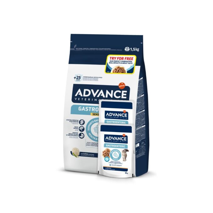 ADVANCE VETERINARY DIETS Gastroenteric Sensitive, Curcan, dietă veterinară, hrană uscată pisici, sistem digestiv ADVANCE VD Gastroenteric Sensitive, Curcan, dietă veterinară pisici, 1.5kg + ADVANCE VD Gastroenteric, Pui, dietă veterinară, plic 85g x 2buc