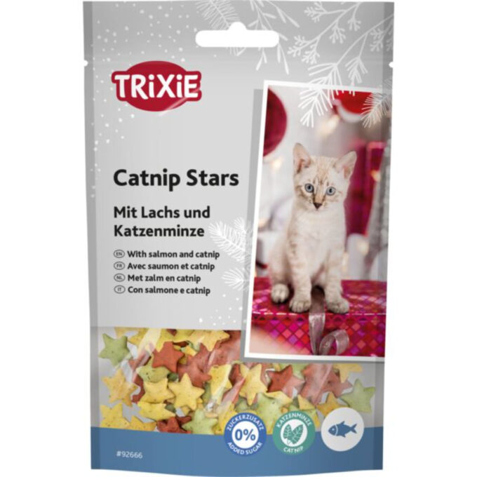 TRIXIE Christmas Catnip Stars, Somon și Catnip, recompense pisici, 50g