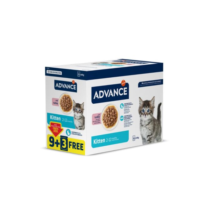 ADVANCE Kitten, Curcan, plic hrană umedă pisici junior, (în sos), bax, 85g x 9 + 3buc GRATUIT
