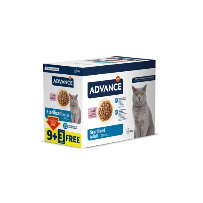 ADVANCE Sterilised, Curcan, plic hrană umedă pisici sterilizate, (în sos), bax, 85g x 9 + 3buc GRATUIT
