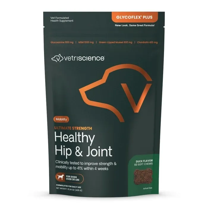VETRISCIENCE Ultimate Strength Healthy Hip & Joint (Glycoflex Plus), supliment sistem articular câini, Rață, comprimate masticabile VETRISCIENCE Ultimate Strength Healthy Hip & Joint (Glycoflex Plus), M-XL, supliment sistem articular câini, Rață, punguță