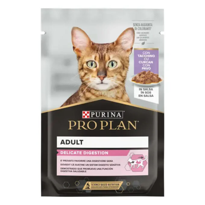 PURINA Pro Plan Delicate Digestion, Pește, plic hrană umedă pisici, sistem digestiv, (în sos), 85g