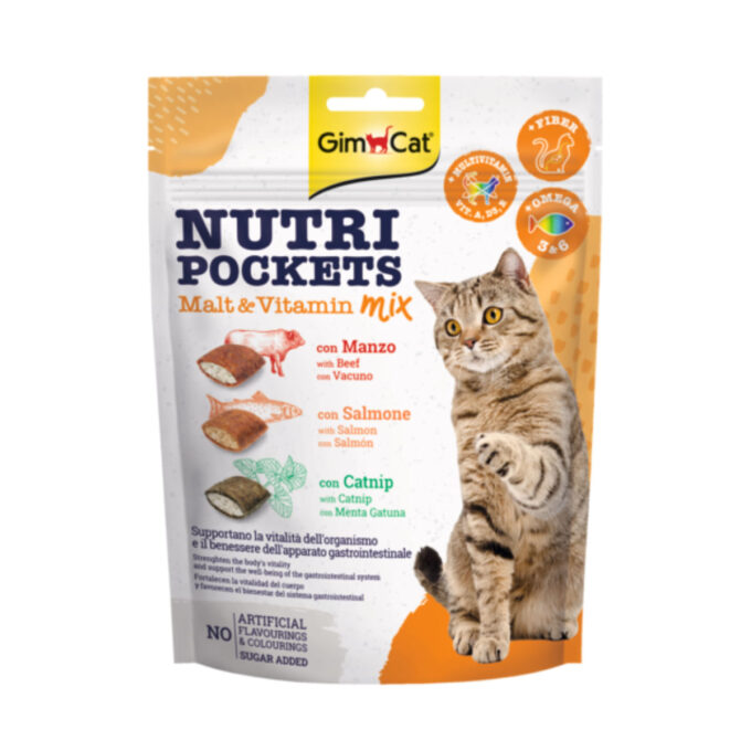 GIMCAT Nutri Pockets Malt & Vitamine Mix, Catnip, Vițel și Somon, punguță recompense funcționale pisici, 150g