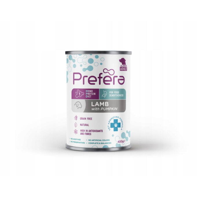 PREFERA MPD, XS-XL, Miel și dovleac, dietă veterinară, conservă hrană umedă monoproteică fără cereale câini, (în suc propriu), 400g 1 PREFERA MPD, XS-XL, Miel și dovleac, dietă veterinară, conservă hrană umedă monoproteică fără cereale câini, (în suc propriu), 400g