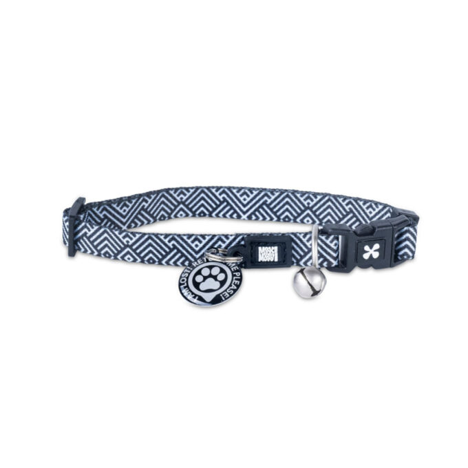 MAX & MOLLY Smart ID Mykonos Black, zgardă pisici, ajustabilă, poliester, alb și negru, cataramă trident, 22-35  x 1cm