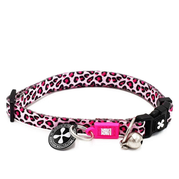 MAX & MOLLY Smart ID Leopard Pink, zgardă pisici, ajustabilă, poliester, roz, cataramă trident, 22-35  x 1cm