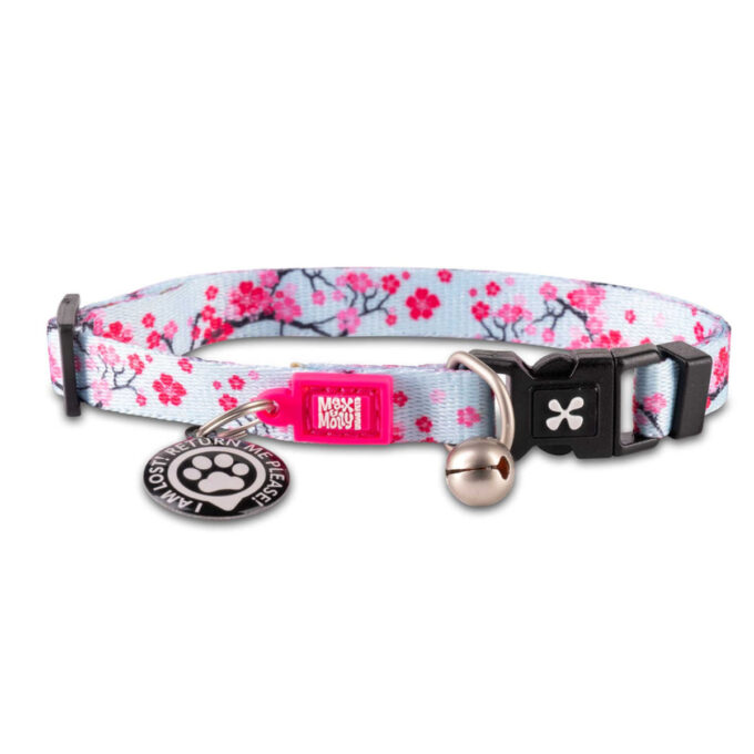 MAX & MOLLY Smart ID Cherry Bloom, zgardă pisici, ajustabilă, poliester, bleu și roz, cataramă trident, 22-35  x 1cm