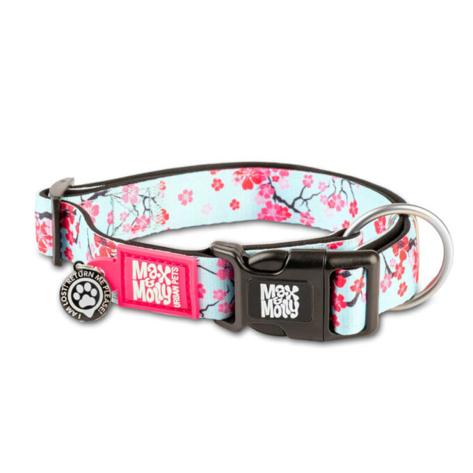 MAX & MOLLY Smart ID Cherry Bloom, zgardă câini, ajustabilă, poliester, bleu și roz, cataramă trident, S(28-45  x 1.5cm)
