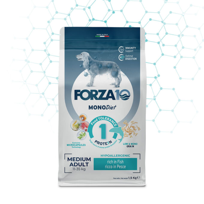 FORZA10 Monodiet Medium Adult, M, Pește, dietă veterinară, hrană uscată monoproteică câini, alergii, 12kg