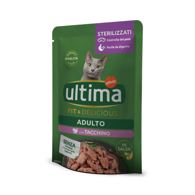 ULTIMA Fit & Delicious Sterilised, Curcan, plic hrană umedă pisici sterilizate, (în sos), bax, 85g x 24buc