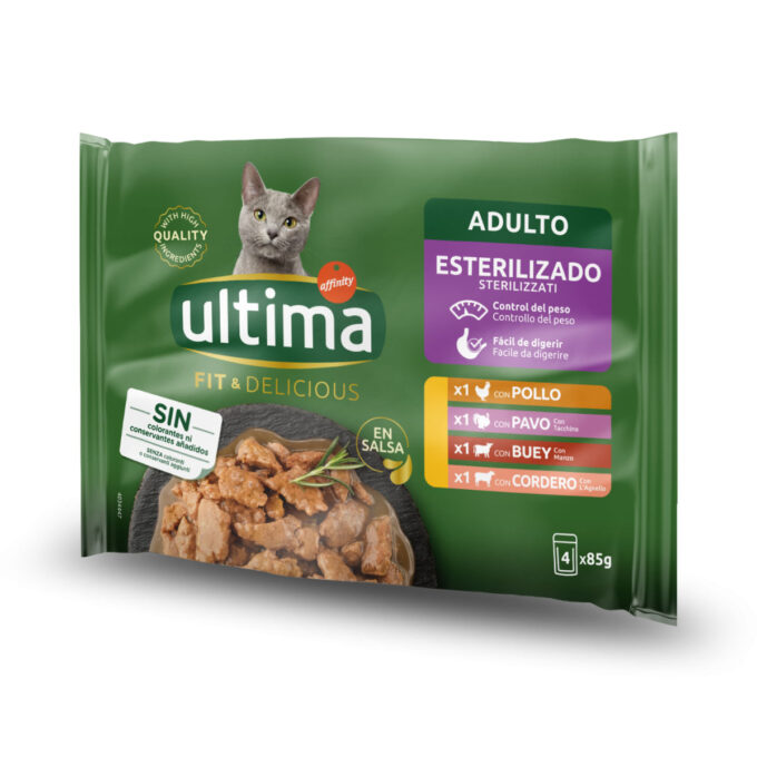 ULTIMA Fit & Delicious Sterilised Selection, Carne, plic hrană umedă pisici sterilizate, (în sos), multipack, 85g x 4buc