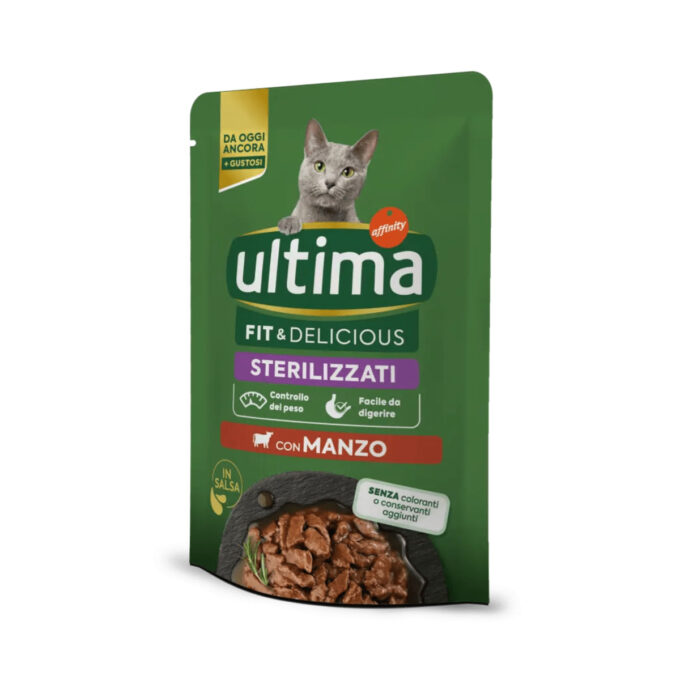 ULTIMA Fit & Delicious Sterilised, Vită, plic hrană umedă pisici sterilizate, (în sos), bax, 85g x 24buc