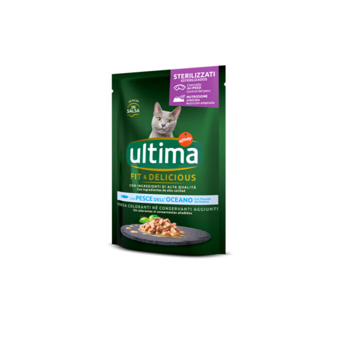 ULTIMA Fit & Delicious Sterilised, Pește, plic hrană umedă pisici sterilizate, (în sos), bax, 85g x 24buc
