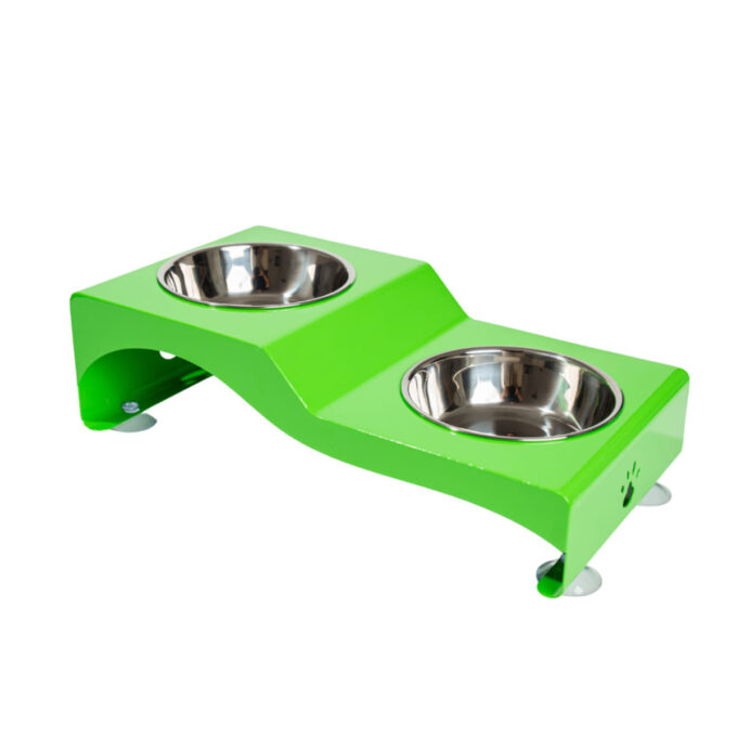 SHAW Boluri duble, set suport castroane câini + 2 boluri rotunde, antiderapant, inox, verde, 1buc