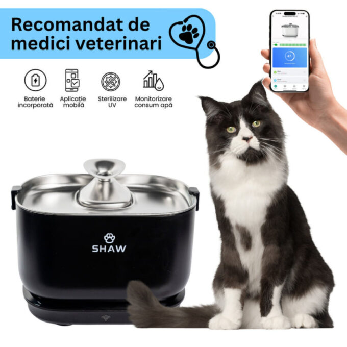 SHAW PRO V3 Smart, fântână câini, dreptunghiulară, senzor, aplicație mobilă, sistem filtrare, PVC SHAW PRO V3 Smart, fântână câini și pisici, dreptunghiulară, senzor, aplicație mobilă, sistem filtrare, PVC, negru, 2.5l