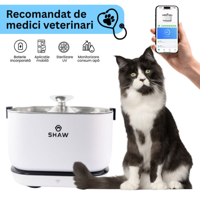 SHAW PRO V3 Smart, fântână câini, dreptunghiulară, senzor, aplicație mobilă, sistem filtrare, PVC SHAW PRO V3 Smart, fântână câini și pisici, dreptunghiulară, senzor, aplicație mobilă, sistem filtrare, PVC, alb, 2.5l