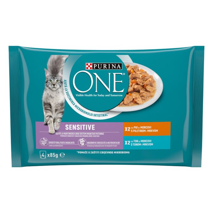 PURINA ONE SENSITIVE, Pui/ Ton, Mini Fileuri in Sos, 4x85 g 1 PURINA ONE SENSITIVE, Pui/ Ton, Mini Fileuri in Sos, 4x85 g