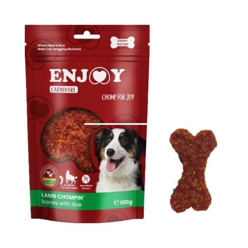 Recompense pentru caini Enjoy Carnivore Lamb Chompin Oase cu orez si miel, 100 g
